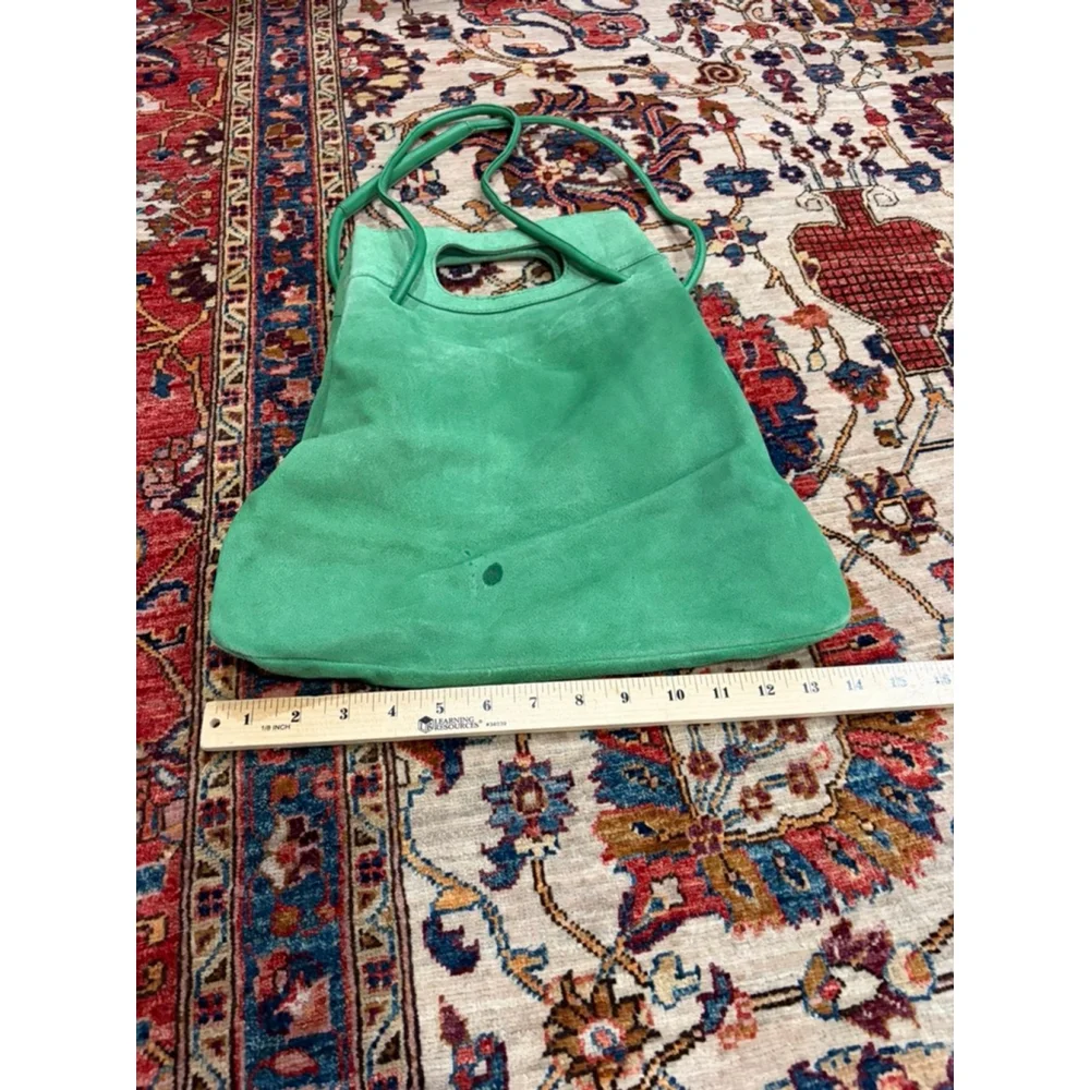 Free People Green Suede Leather Tote Shoulder Bag Cutout Handle Boho Slouch read